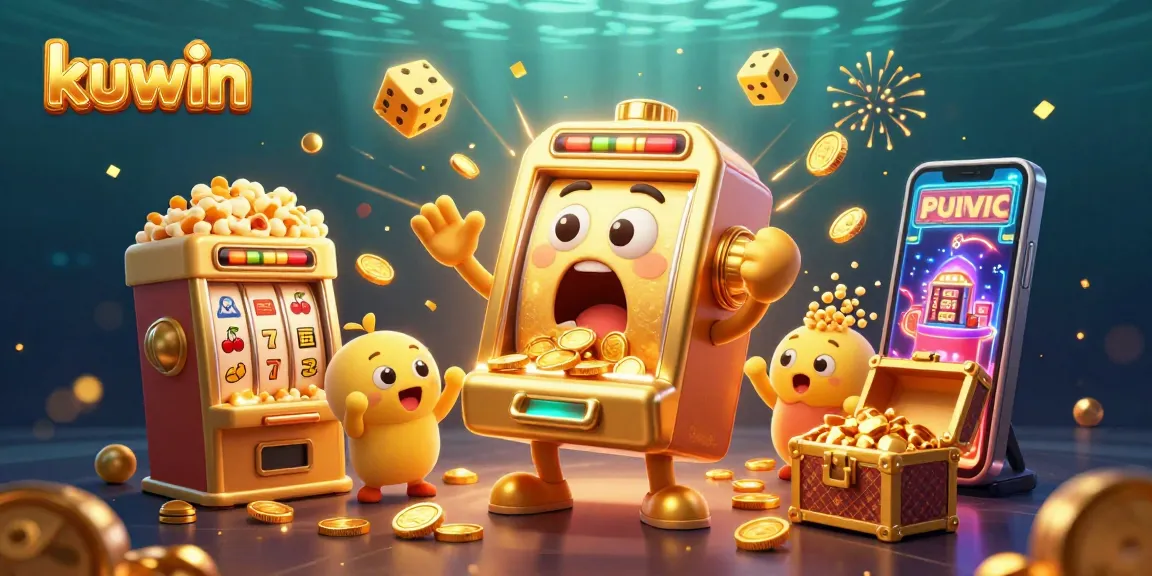 Kuwin slot machine celebrates a jackpot with coins cascading, showcasing vibrant casino elements and excitement.