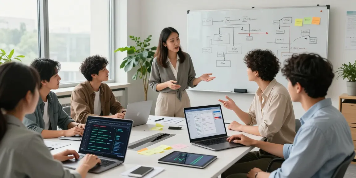 Build internal tools with AI in a collaborative tech workspace featuring a diverse team and modern office design.