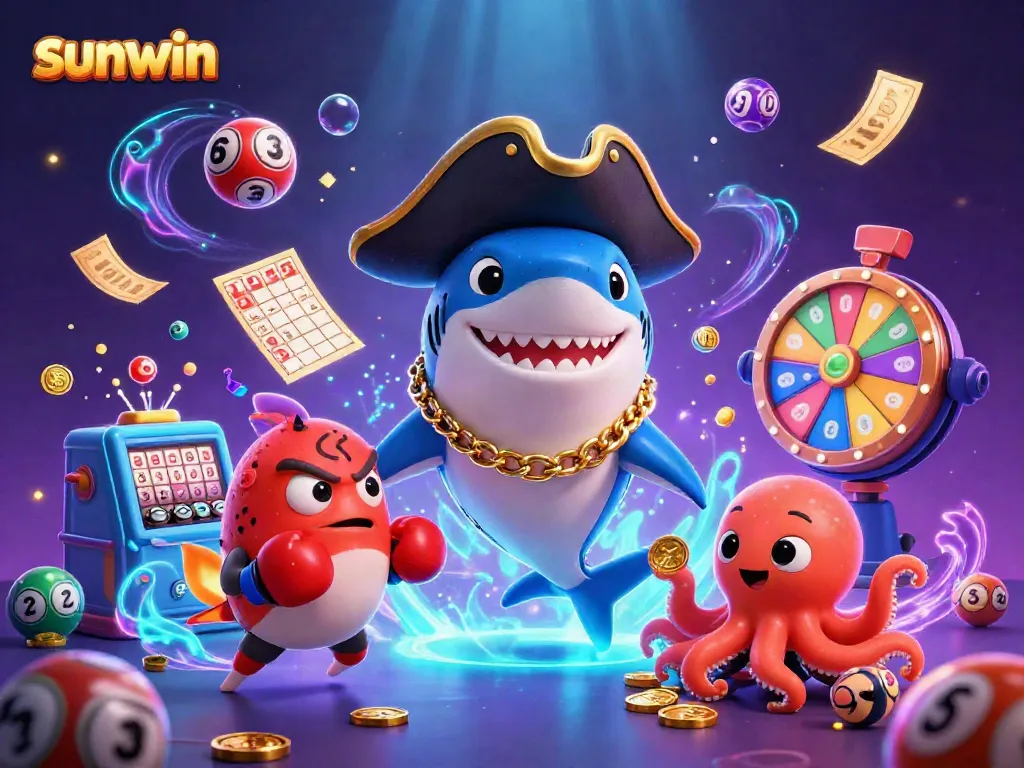Experience the thrill of winning with sunwin's exciting gaming environment filled with colorful lottery balls and animated characters.