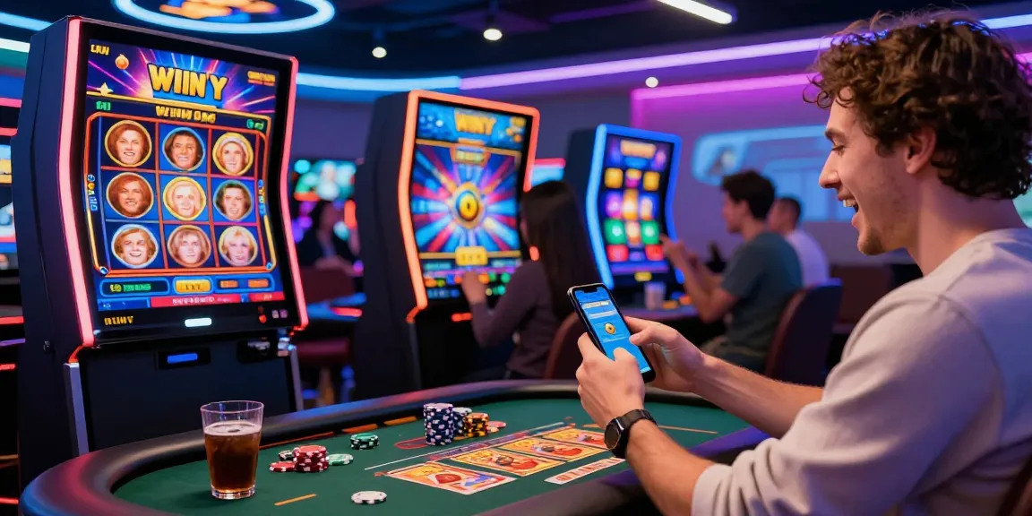 Excited player celebrating a win on KO66 mobile app in vibrant casino setting.