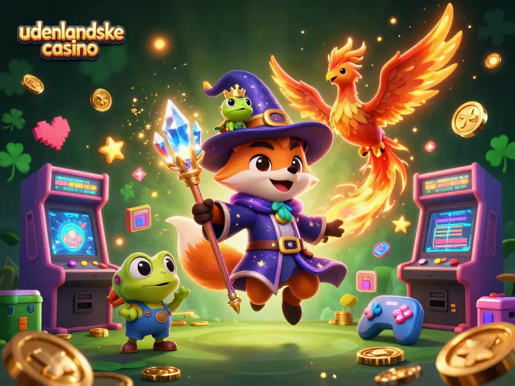 Experience udenlandske casino magic with a whimsical wizard and phoenix amidst vibrant gaming elements.