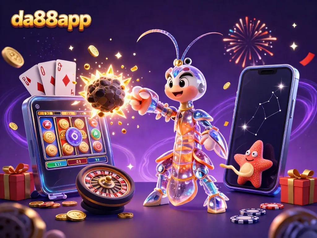 Engage with da88app’s thrilling casino experience through this vibrant 3D illustration showing exciting game elements.