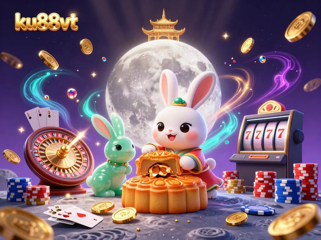 Experience gaming excitement with ku88vt featuring a moon rabbit and poker chips amidst golden coins.