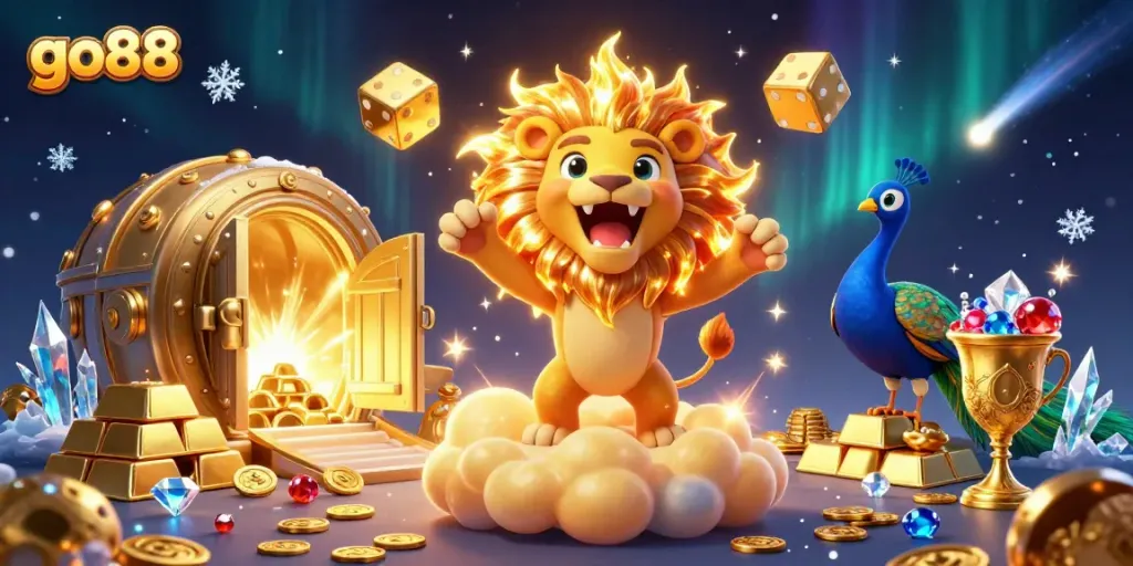 go88 showcases a dynamic 3D illustration with vibrant characters, gold treasures, and exciting casino elements.