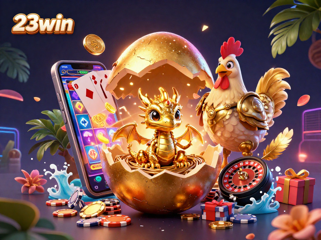 Experience thrilling gameplay with 23win as the golden dragon emerges from poker chips surrounded by colorful slot elements.
