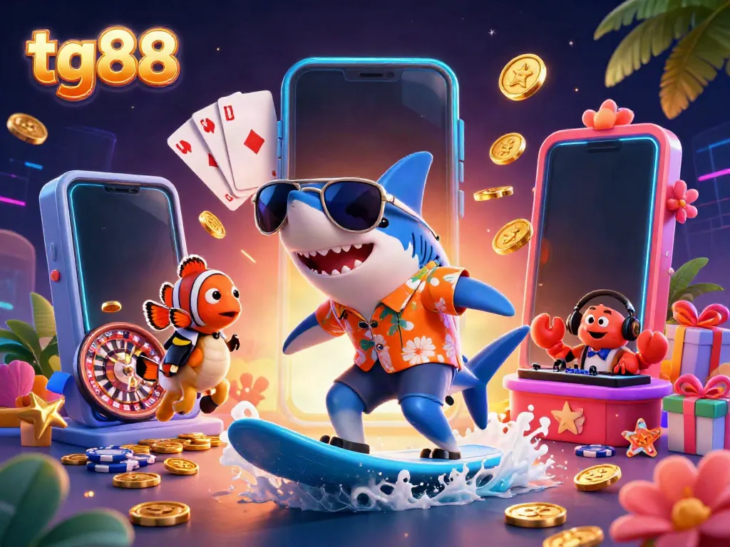 Join the action at tg88 with a vibrant 3D scene of a shark surfing on gold coins while gaming elements explode around.