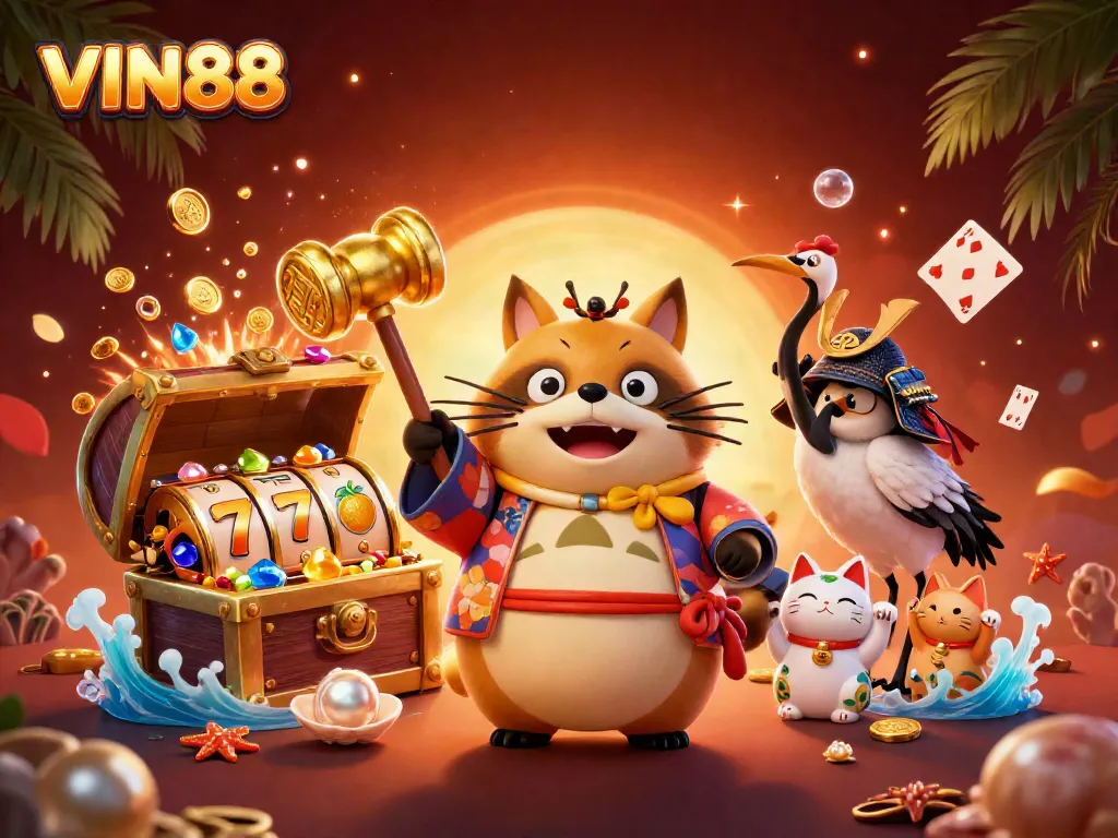 Experience the thrill of jackpot wins at VIN88 with this vibrant 3D scene of a cheerful tanuki and friends.