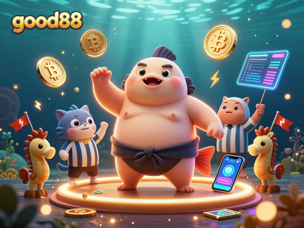 Experience high-stakes gameplay with good88 in a vibrant underwater casino showdown featuring animated characters.