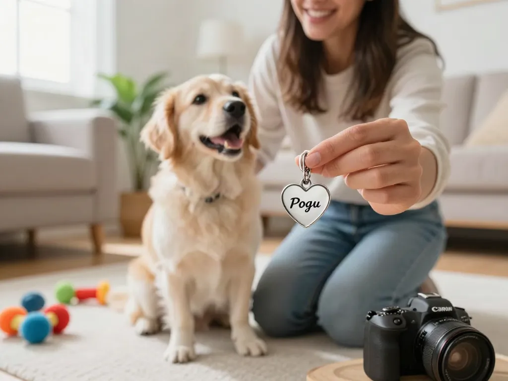 Gepersonaliseerde hondenpenning kopen in een warme woonkamer met een blije hond.