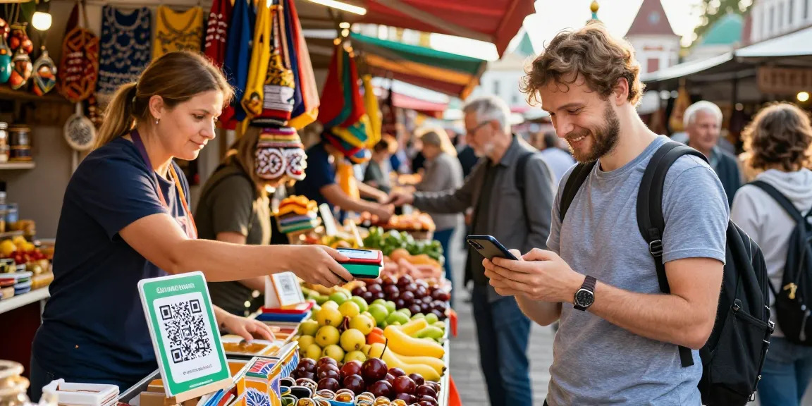 Toerist maakt een betaling met https://payinrussia.com/ met QR-code op een levendige markt in Rusland.