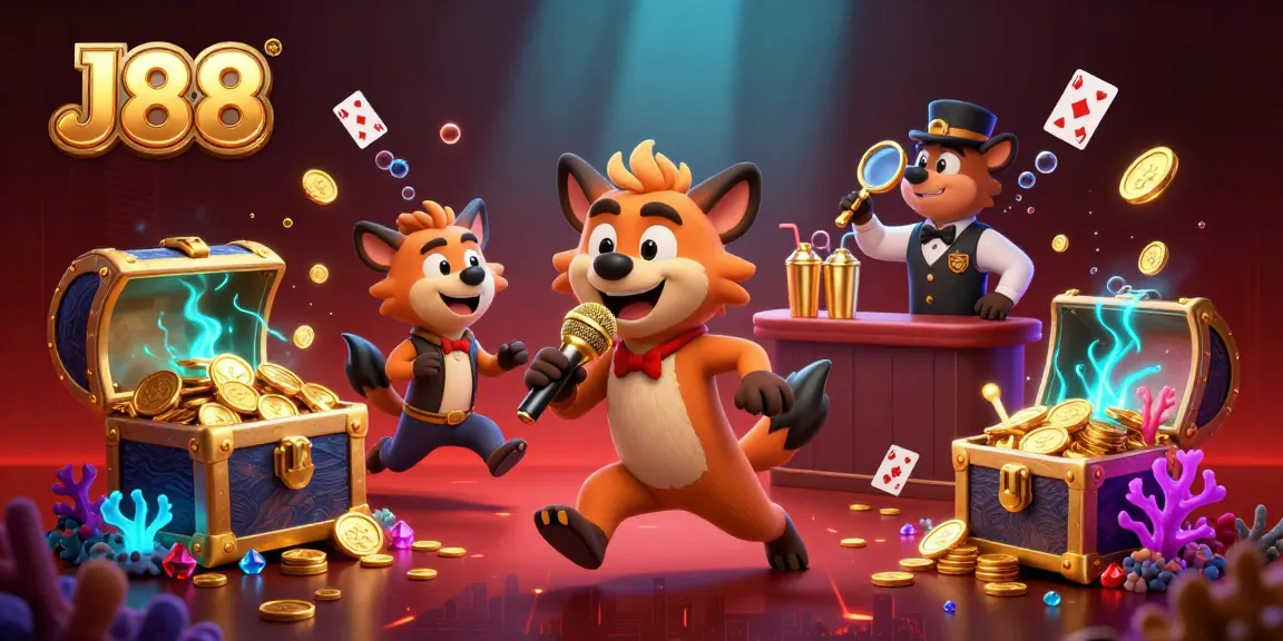Experience the excitement of J88's comedy casino with hyenas as they entertain and serve drinks in a vibrant scene.