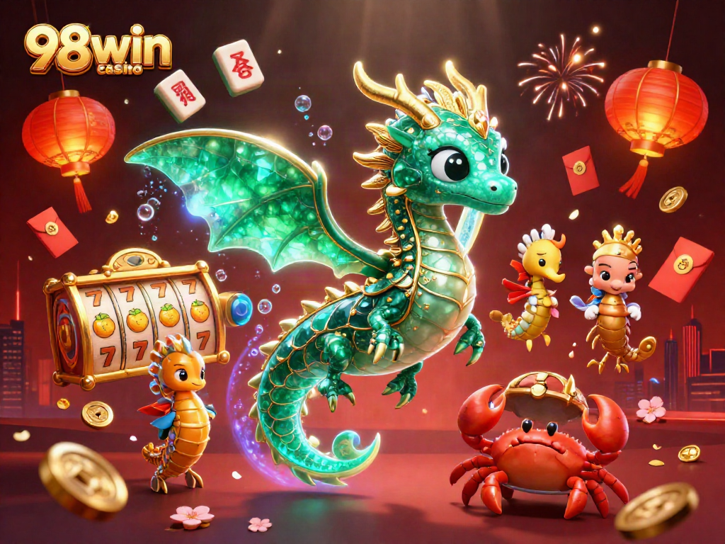 Engage with the excitement of 98win casino through vibrant 3D illustration of a leafy sea dragon and treasures.