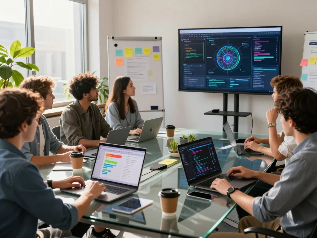Software development team collaborating on juicy ai projects in a modern office.