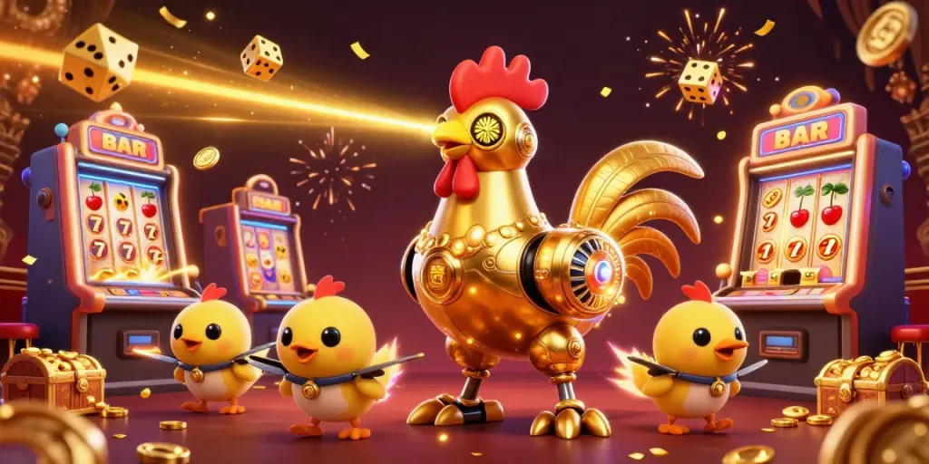 Engage with HITCLUB's dynamic casino scene featuring a golden rooster robot amidst a jackpot explosion.