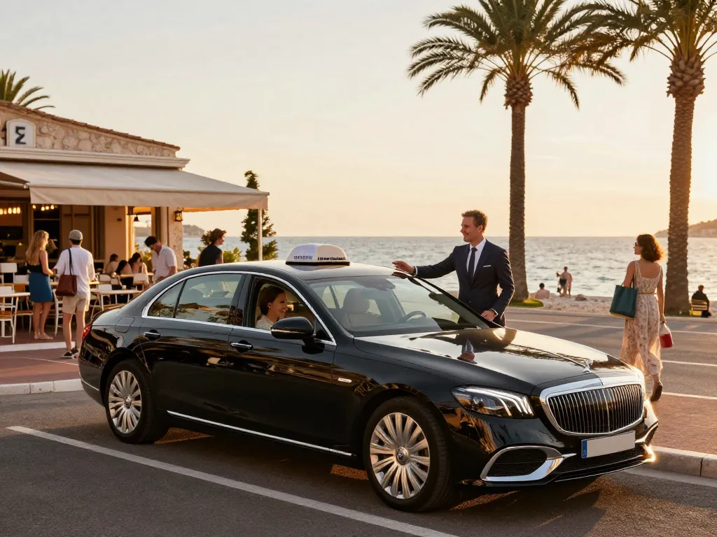 Service de taxi de luxe à Saint-Tropez, chauffeur professionnel accueillant des passagers sur la plage.