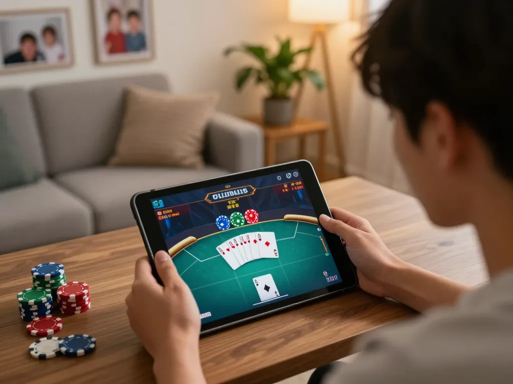 Engaging online poker gameplay on Trang Chủ Jun88 through a tablet in a cozy living room setting.