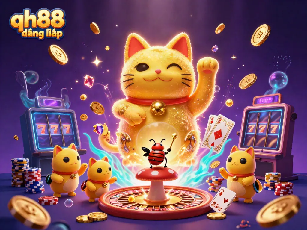 Join the thrilling qh88 đăng nhập experience, where golden fireflies celebrate with casino symbols.