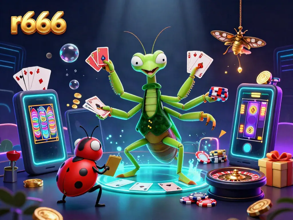 Engage in thrilling games with r666 as a giant mantis card sharp and ladybug pit boss animate the casino scene.