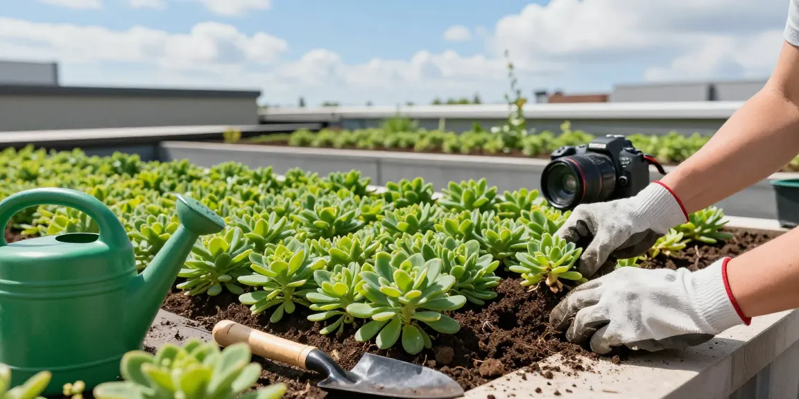 Levendige sedumdak installatie met weelderige planten en tuinactiviteiten.