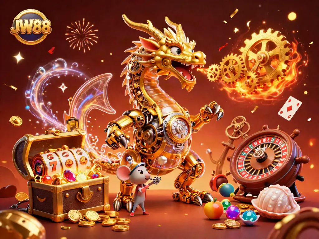 Experience the thrilling JW88 casino adventure featuring a golden dragon and a mouse engineer among colorful game elements.