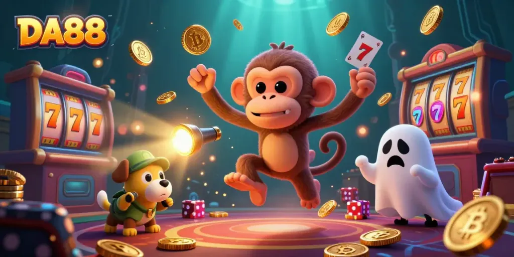 Catch thrilling moments in the haunted casino with DA88 as our poltergeist monkey juggles golden treasures.