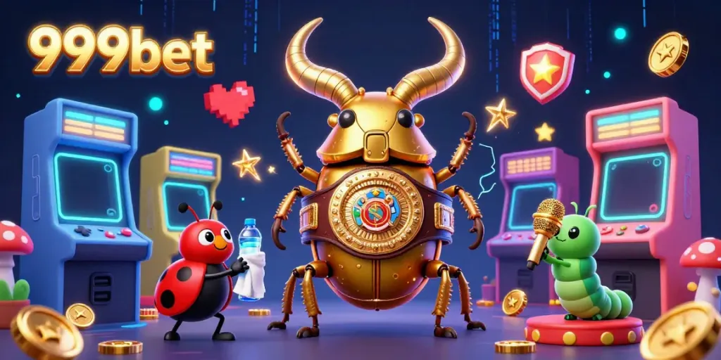 Engage with 999bet's vibrant gaming scene featuring a golden stag beetle and colorful arcade elements.