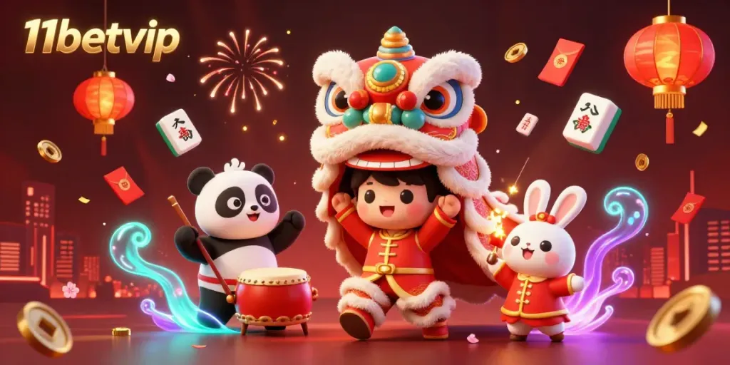 11betvip welcomes you with a festive scene including a lion dance and vibrant decorations, enticing players with excitement.