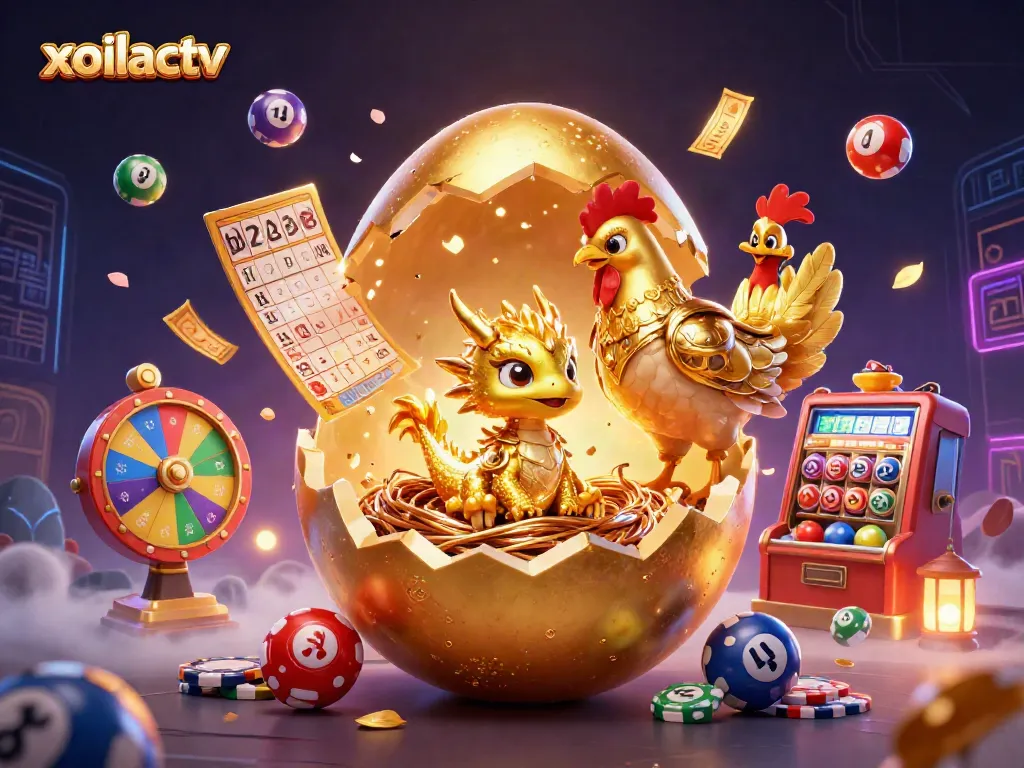Xoilactv presents an exciting scene of a golden dragon and eggshell with vibrant gambling elements.