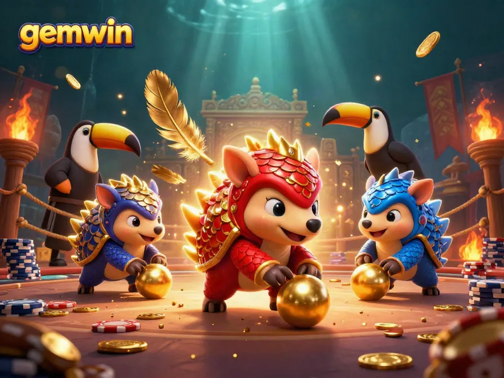 Join rival pangolins in gemwin as they compete, surrounded by vibrant casino elements.