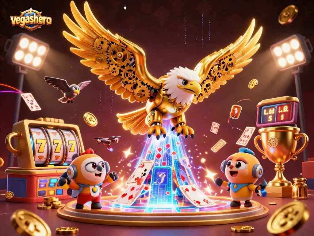 Experience the casino thrill with VegasHero, featuring a stunning golden eagle, slot reels, and dynamic gaming elements.