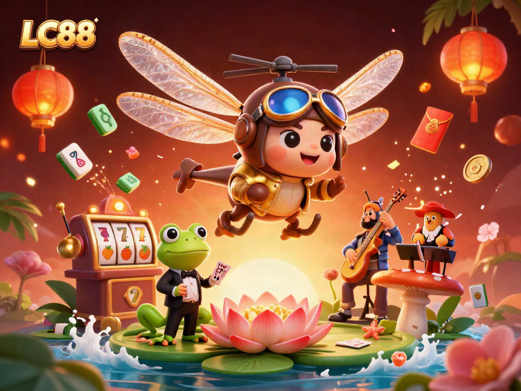 Experience the thrilling world of LC88 slots with a vibrant 3D casino scene featuring lively characters and dynamic game elements.