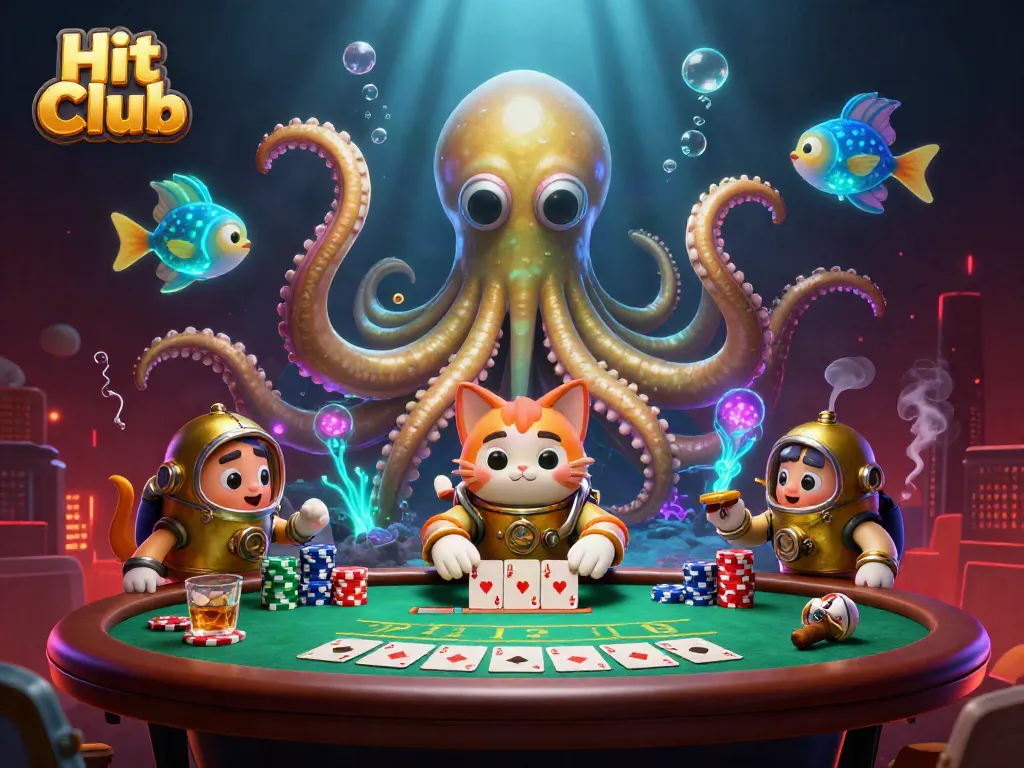 Engage with Hit Club's thrilling 3D gaming adventure featuring a kraken and diving cat.