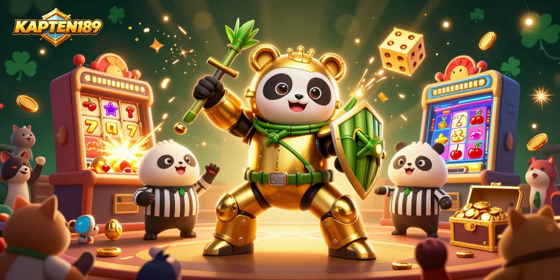 KAPTEN189 menawarkan suasana permainan slot yang menawan dengan robo panda dan simbol jackpot berkilau.