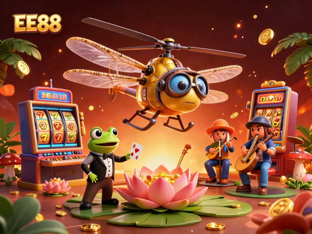 Join the excitement at EE88 with a dynamic scene featuring a dragonfly pilot and frog croupier at a lively casino.