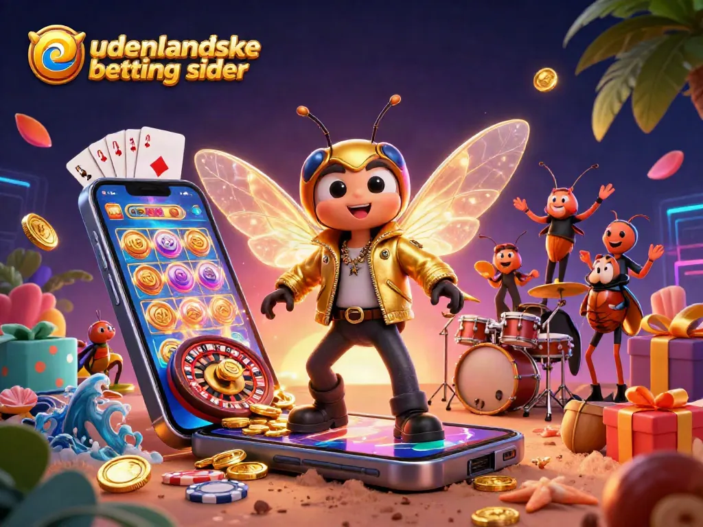 Engage with udenlandske betting sider, featuring a dynamic illustration of a cicada rock star in a casino scene.