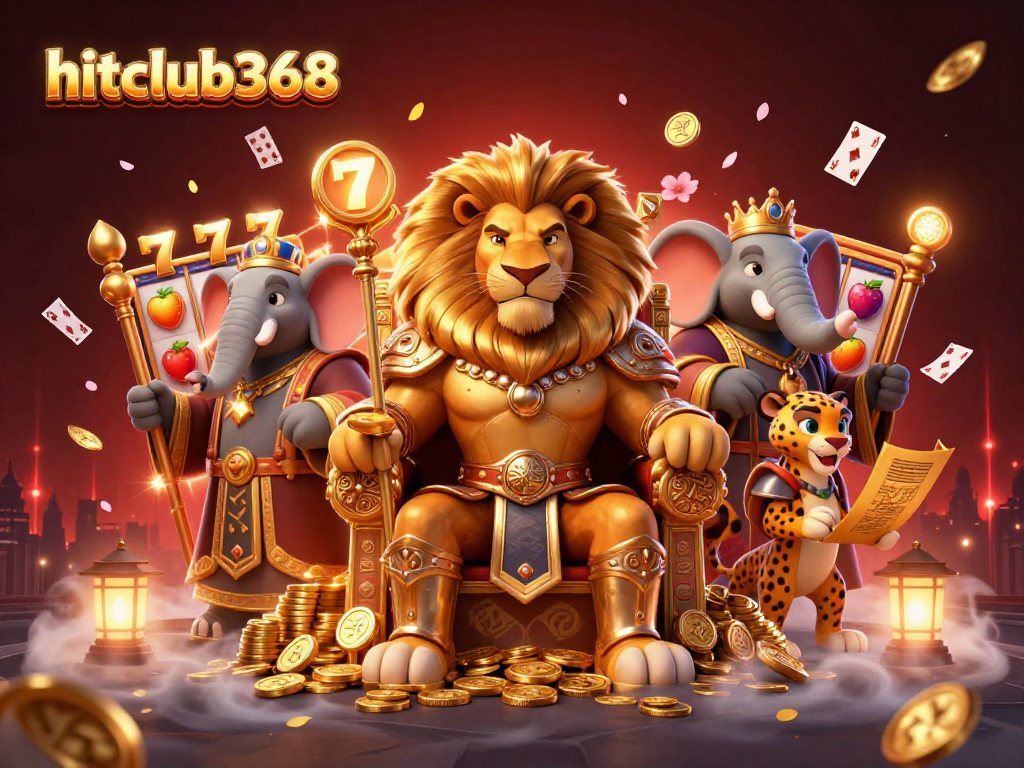 Engage in thrilling slots and casino games at hitclub368 with vibrant imagery of lions, elephants, and cheetahs.