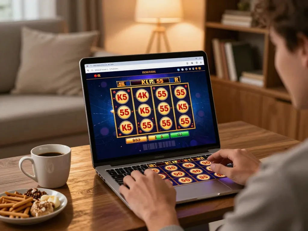 Player enjoying KK55 slot games in a cozy home setting with warm ambiance