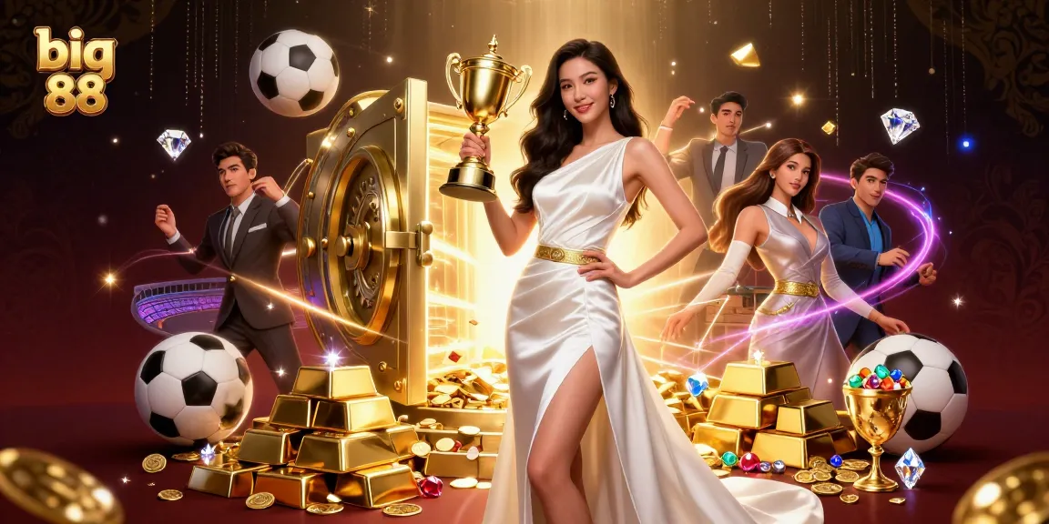 Experience big 88 thrills with a victorious woman holding a trophy amid sports betting glamour.