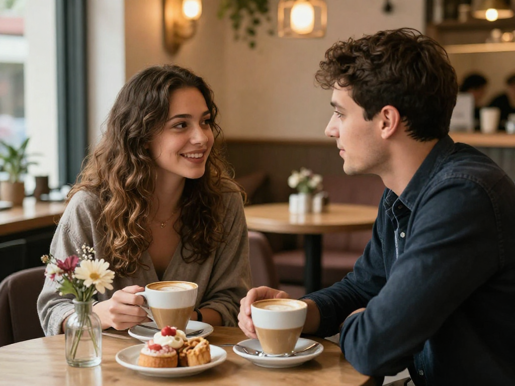 Couple having coffee at F168 dating platform café, showcasing intimacy and connection.