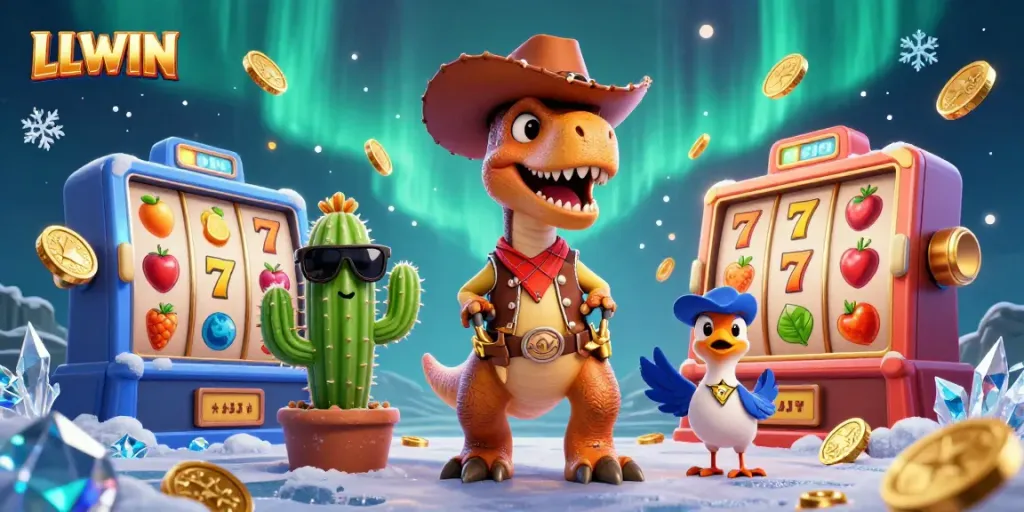 Experience the excitement of LLWIN with a vibrant 3D T-Rex and casino elements in action!