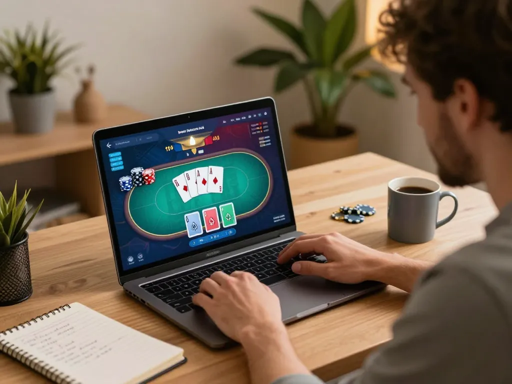 Say88 player enjoying an exciting online poker game in a cozy home office setting