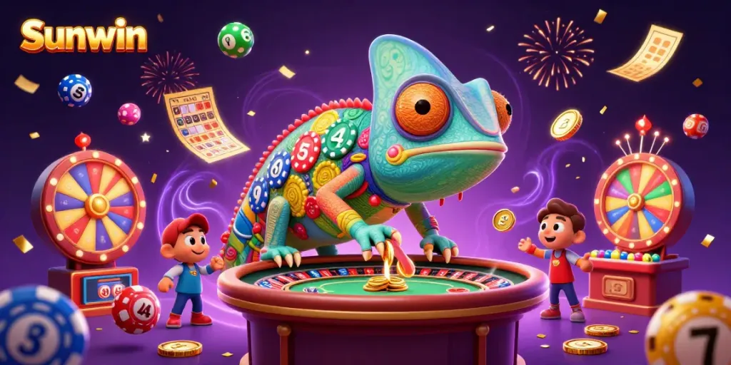 Experience the vibrant world of Sunwin with a colorful casino scene featuring a chameleon owner capturing golden coins.