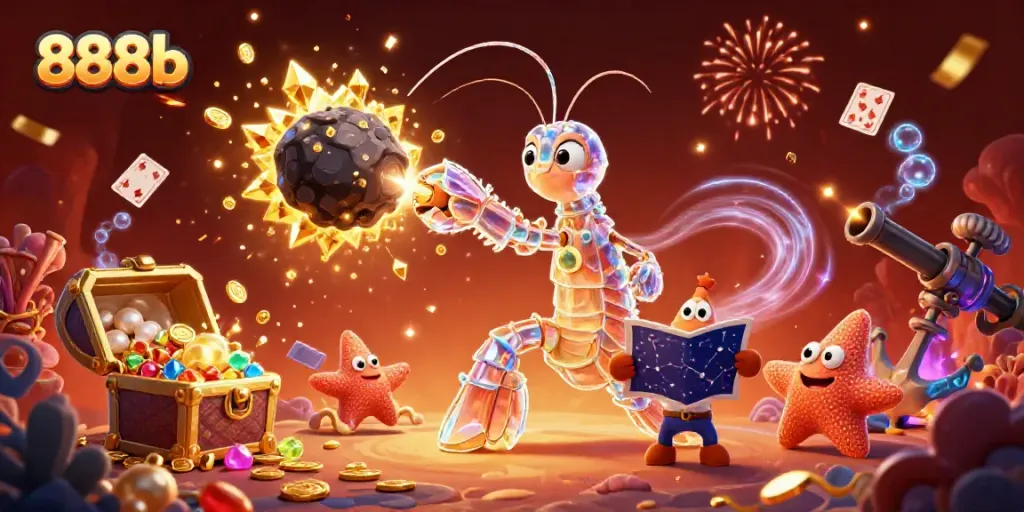 Experience thrilling gaming action at 888b with vibrant visuals of a mantis shrimp and treasure.