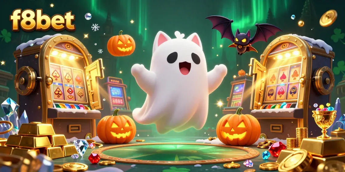 Experience thrilling gameplay at f8bet in a vibrant haunted casino with ghostly characters.