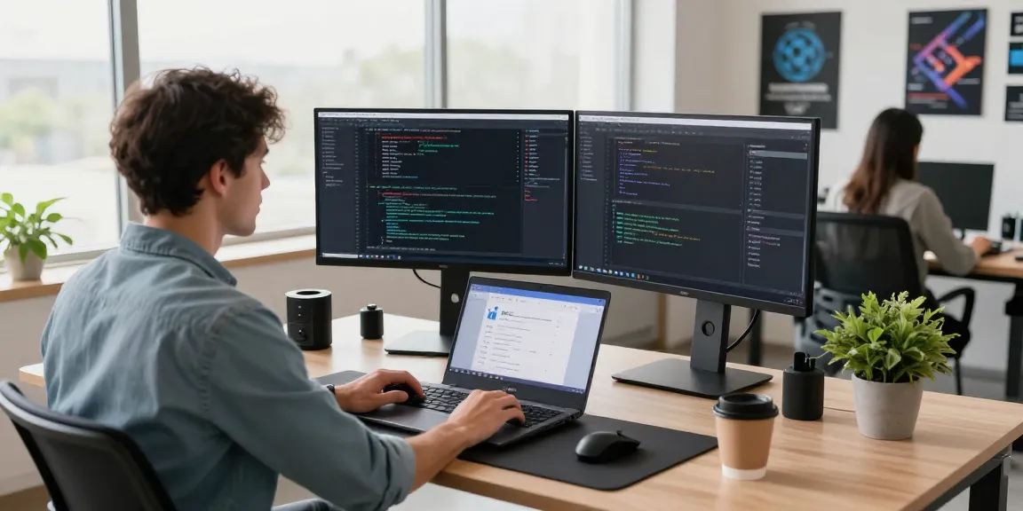 快连 application interface on dual monitors in a modern tech workspace.