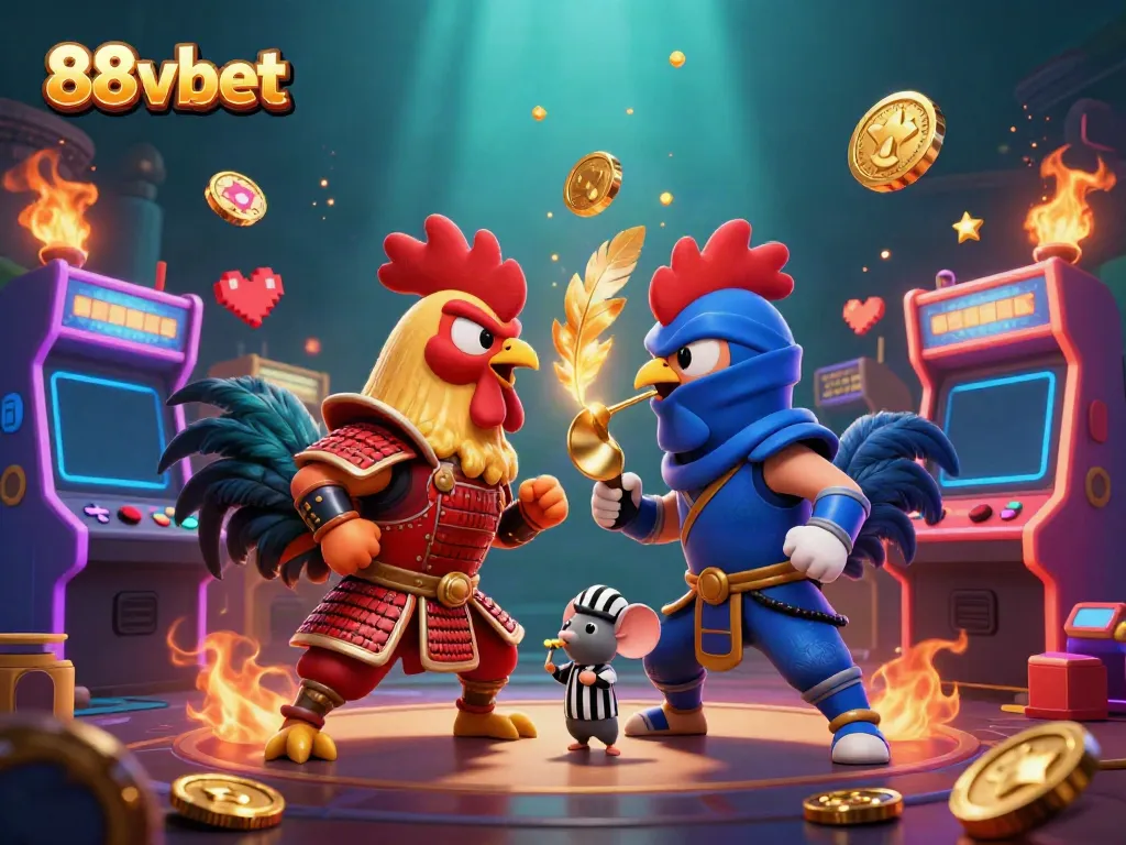 Engage in action with 88vbet as two fighting roosters face off in a colorful gaming scene.