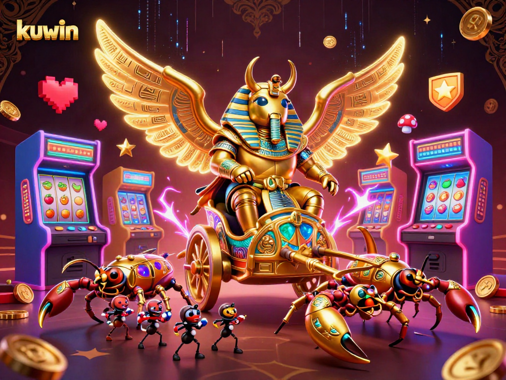 Kuwin and slot machines come alive as a golden scarab beetle powers through an energetic casino scene.