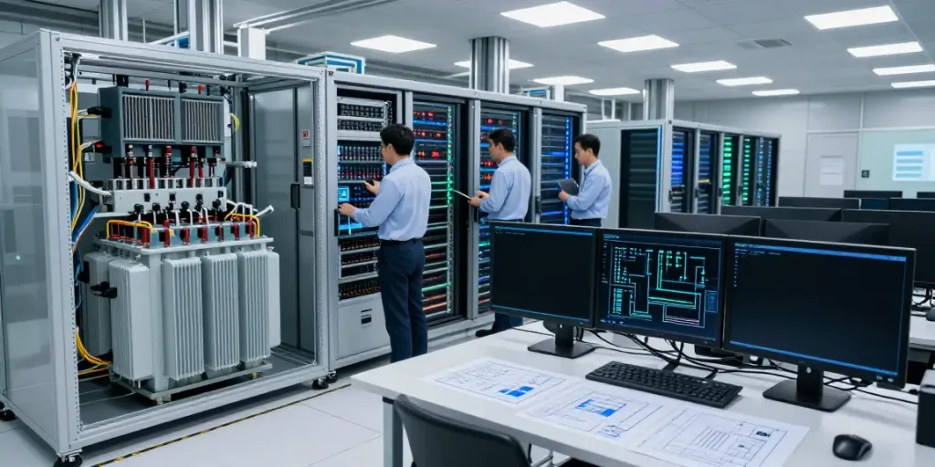Transformator voor datacenters in moderne industriële omgeving met ingenieurs die apparatuur inspecteren.