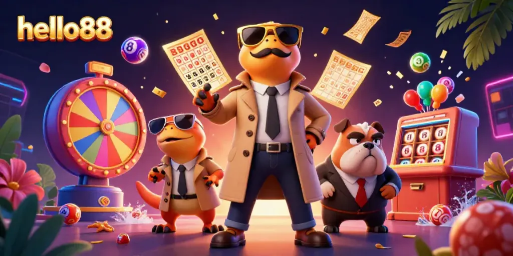 Experience vibrant gaming action with Hello88 as cartoon raptors enter a casino lounge.