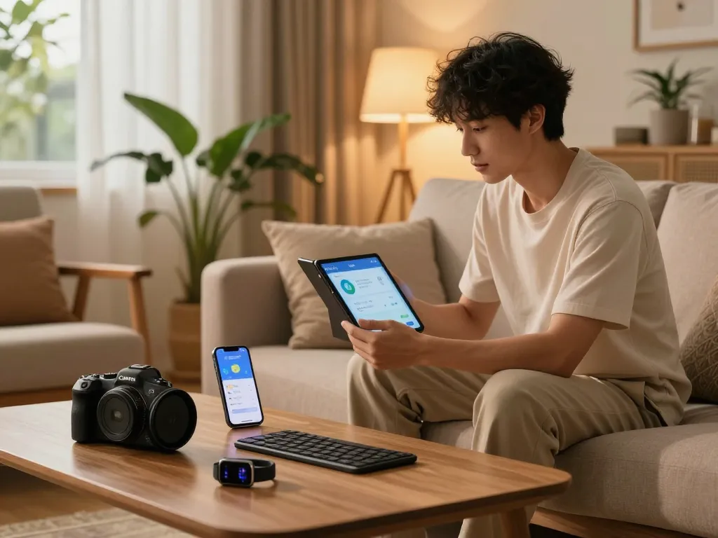 Engaged user exploring affordable tech gadgets with Bluetooth devices in stylish living room.